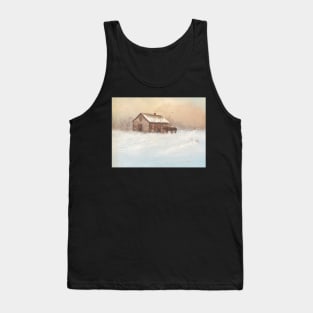 Snowy Pink Sunset Barn Oil on Canvas Tank Top